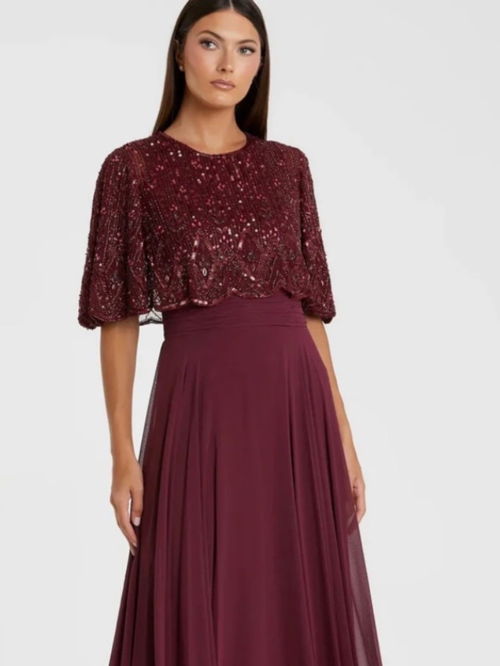 Mac Duggal Red Beaded Cape A-Line Gown